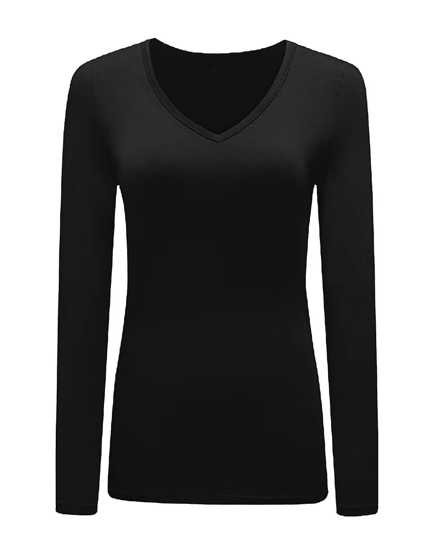 KATSSI Women’s Ladies Long Sleeve Stretch Plain V Neck T Shirt Top Black