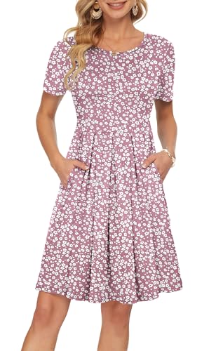 Image of AUSELILY Women's Short Sleeve Pleated Swing Summer Dress with Pockets | Knee-length short sleeve dress, empire waist & pockets, ideal for casual daily wear and vacation