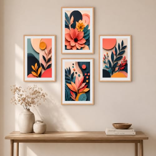 Image of Livin'luxe Set of 4 Abstract Botanical Floral Wall Paintings with Sparkle Laminate and Premium Wooden Synthetic Frame for Living Room Bedroom Office Decor (13.5 x 19.5 Inch)