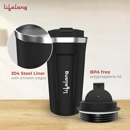 Image of Lifelong Double Insulated Stainless Steel Mug with Temperature - 510 ml, Keeps Hot and Cold- Black
