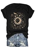 AIMSEN Womens Moon Graphic Tees Crew Neck Summer Vintage Wildflower Shirts Cute Tshirt B-Black
