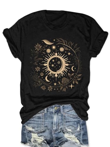 AIMSEN Womens Moon Graphic Tees Crew Neck Summer Vintage Wildflower Shirts Cute Tshirt B-Black