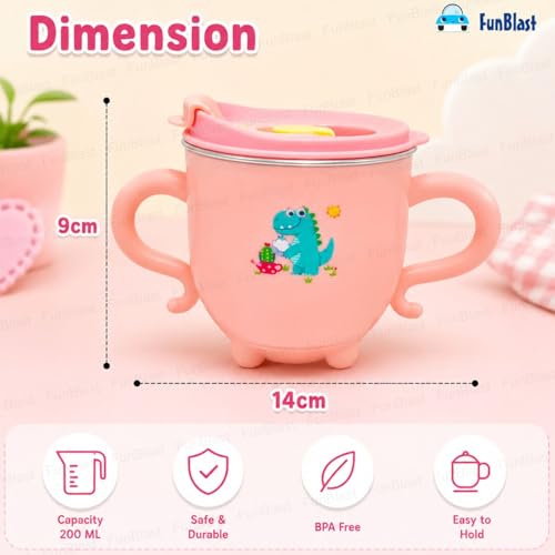Image of FunBlast Milk Mug for Kids - Dinosaur Print S316 Stainless Steel Mug for Kids, Insulated Milk Cup with Lid & Straw, Water, Juice Drinking Mug, Glass, Cup for Kids - 200 ML (Pink)