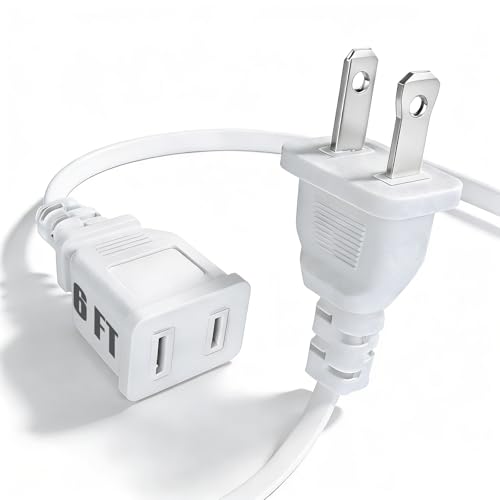 6FT Thin White Extension Cord 2 Prong Polarized Plug Indoor Household Small Flat Cord 10A/125V/1250W Male to Female for Small Appliances Lamps Office Electronics