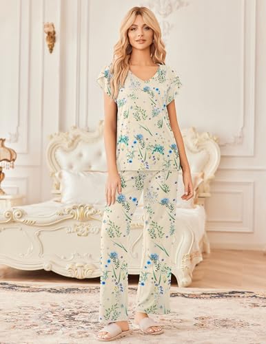 Image of Ekouaer 2 Pack Womens Pajamas Short Sleeve Sleepwear Top with Pants Super-Soft Printed Lounge Sets S-XXL