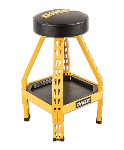 DEWALT Heavy-Duty Metal Stool for Garage and Shop 360 Swivel Seat Storage Tray Padded Rip-Resistant Seat Steel Frame Industrial Powder Coating