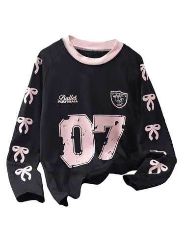 SweatyRocks Girl's Number Print Bow Graphic T Shirt Round Neck Long Sleeve Casual Tee Tops