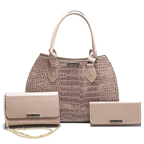 Bolsa Feminina Pasta Grande De Ombro + Bolsa Pequena Festa Clutch Transversal + Carteira Feminina (Amendoa)