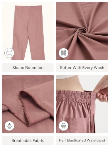 Image of SAADAA Women's Airy Linen Straight Pants | Regular Fit Trousers | Half Elasticated with Drawstrings & Buttons | 4 Pockets | Everyday & Office Wear