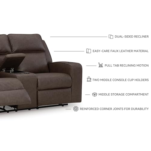 Image of Signature Design by Ashley Wall Hugger Reclining Loveseat with Console | Heavyweight padded faux leather feel, Center console with 4 cup holders and manual pull-tab recline, Lavenhorne Series