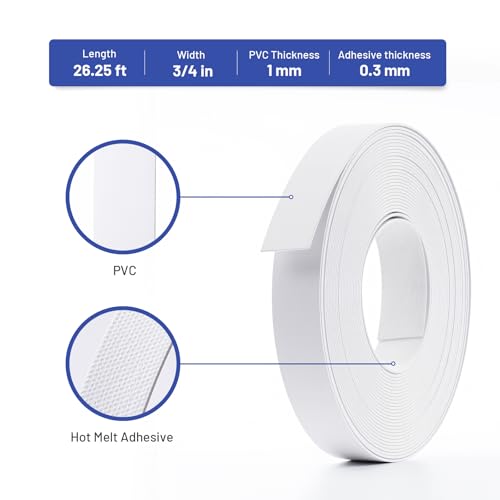 Image of PVC Edge Banding 3 /4 inch x 25 ft Veneer Edge Banding White with Hot Melt Adhesive Pre - glued Iron on Edging Tape Trim for Cabinet Plywood Repairs and Furniture Restoration