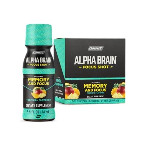 Onnit Alpha BRAIN Focus Energy Shot Supplement - Energy, Focus, Mood, Stress, Brain Booster Drink - Tropical (2.5 fl oz, 6 ct) Cover