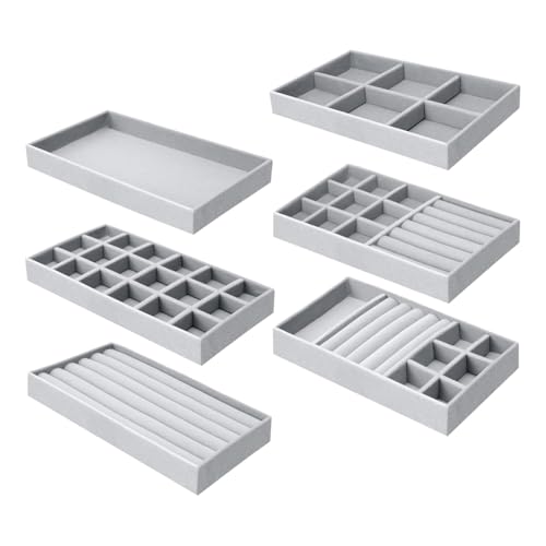 Duoleimi Lot de 6 organiseurs de bijoux en velours gris - Insert à bijoux pour tiroirs - Rangement empilable pour boucles d'oreilles, bagues, bracelets, broches - Plateau à bijoux
