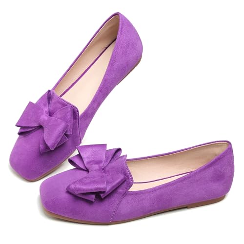 Image of WENJIAZHIZHI Square Toe Bow Ballet Slip-On | Classic Suede Finish,Chic Bow Detail,Effortless Everyday Style,Wedding Party Office,Plus Size Available