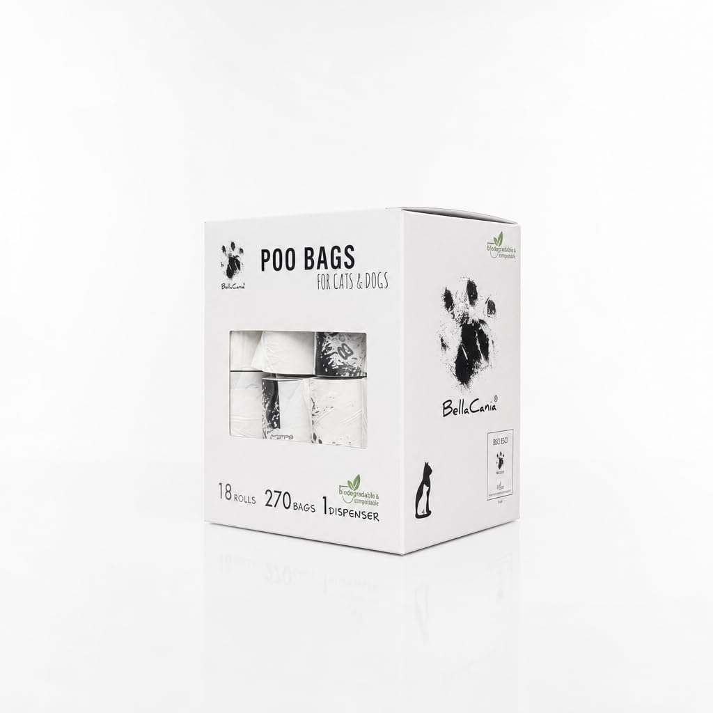 BellaCana 18 Rolls - 270 Bags + Dispenser | POO Bags for Cats and Dogs - Premium biodegradable, Plant-based, Extra-strong and Leakproof