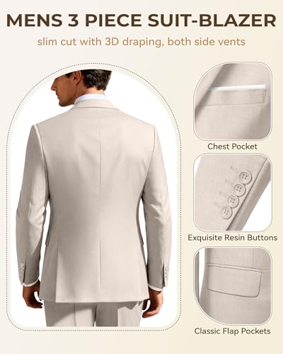 Image of Men's 3 Piece Slim Fit Suit Set, Two Button Blazer Solid Jacket Vest Pants Wedding Business Suit