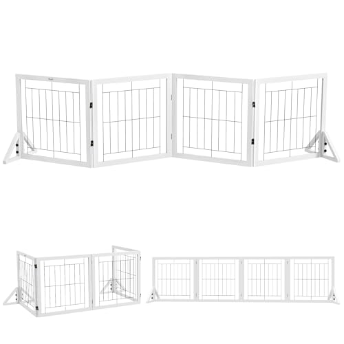 PawHut Cancellino per Cani Pieghevole, Cancelletto di Sicurezza per Animali e Cuccioli con 4 Pannelli e Piedini Triangolari, 280x70 cm, Bianco