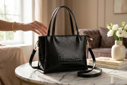Image of AVERAA Women's Premium Croco Pattern Handbag with Sling Strap | Large Tote Purse L14xW6x9 Inch | Multi-Compartment Office Bag | Stylish Shoulder Bag for Work, Travel & Daily Use