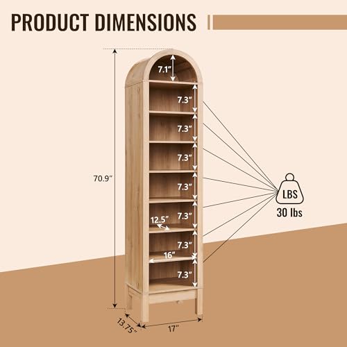 Image of IFBUY 71 inch Tall Arched Bathroom Storage Cabinet, 8-Tier Modern Farmhouse Storage Cabinet with Adjustable Shelves, Wood Freestanding Cabinet for Bathroom, Living Room, Entryway, Hallway (Natural)