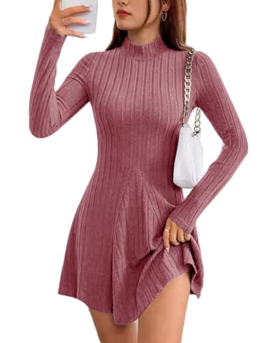 shownicer Strickkleid Damen Langarm Slim Pulloverkleid Einfarbige Rundhals Strickkleid Elegant A-Linie Winterkleid Minikleid A Rosa L