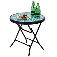 PHI VILLA Klappbar Runder Beistelltisch Glas aus Metall Gartentisch Kaffeetisch Klein Balkontisch wetterfest pflegeleicht für Balkon Garten Terrasse Wohnzimmer