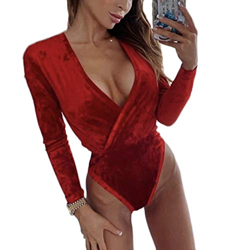 Women 's Sexy Deep V Neck Wrap Long Sleeve Solid Slim Velvet One Piece Leotard Bodysuit Jumpsuits Tops (Red, L)