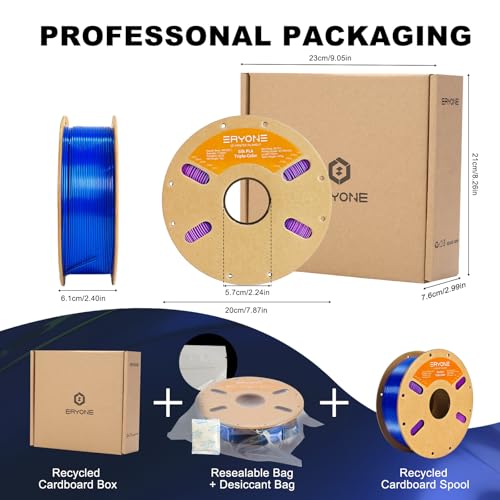 Image of ERYONE Silk Tri Color PLA Filament 3D Printer 1.75mm + /- 0.03mm, Multicolor Filament Tricolor PLA 1KG(2.2lbs) Cardboard Spool, Blue Purple Black