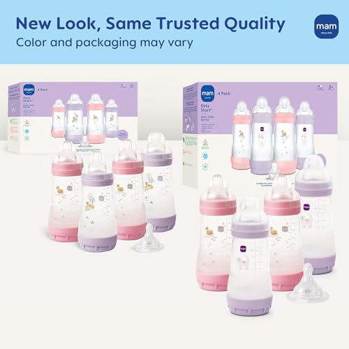 Image of MAM 9oz Easy Start Anti-Colic+ Vented Baby Bottles, 2+ Months, 4 Pack, Girl | Medium Flow Breastfeeding-Like Nipple, Dual Anti-Colic Reduces Gas & Reflux, Easy Clean, BPA Free, 2+ Months, Made In Europe
