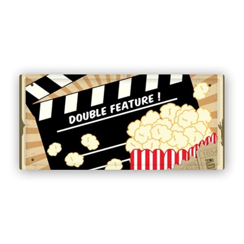 Metal Tin Sign-Popcorn with Clapper Board and Movie Tickets on Vintage Poster Illustration-Iron Painting Retro Home Kitchen Office Garden Garage Wall Decor Tin Plaque Man Signs and Decor WYC