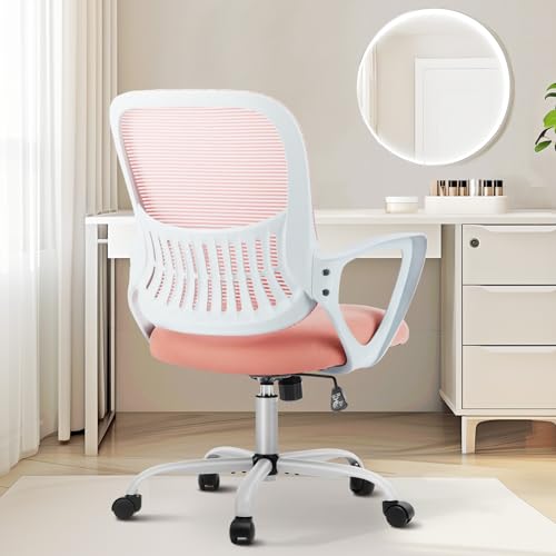 Image of Sweetcrispy Ergonomic Mid-Back Mesh Home Office Desk Chair with Wheels, Managerial Executive Chair with Lumbar Support, and Comfortable Armrests for Home, Bedroom, Study, Office, Pink