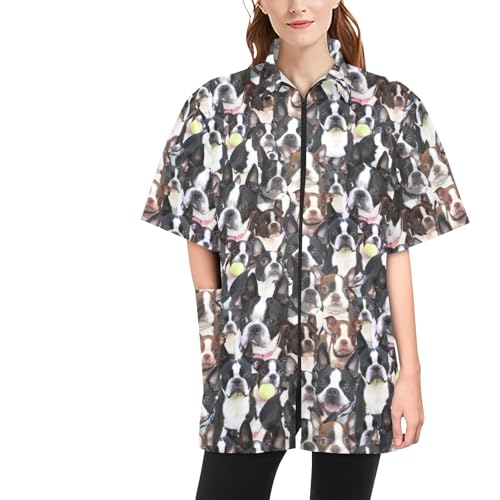 COWCUTE Boston Dog Print Pet Grooming Jacket for Dog Groomers, Barber Jackets Hairstylist Smocks for Boston Dog Lover