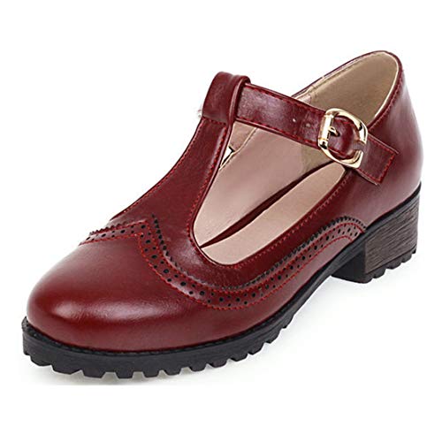 VOKLIN Women's Vintage T-Strap Mary Jane Pumps Round Toe Platform Chunky Low Heel Brogues Oxford Dress Shoes