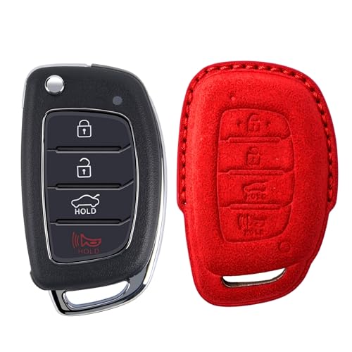 Image of KMH Alcantara Car Key Cover Compatible with Hyundai Alcazar Creta 2022 Venue i20 Tucson Elantra Smart keycover with Keychain 4 Button Shell Case Key Protector Smart Keycover (D2) Red - Pack of 1