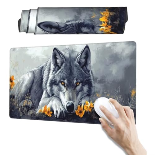 Gris Tapis de Souris XXL 800 x 400 mm,Tapis de Souris Loup sous Main Bureau,Tapis de Souris Gamer Résistant à l'eau et Antidérapant,Améliore la Vitesse et la Précision,Tapis Souris pour Bureau qw131