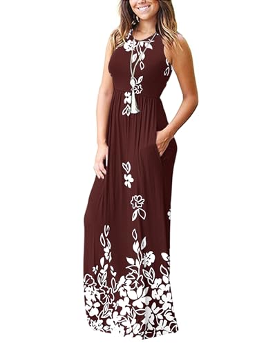 Image of AUSELILY Women's Summer Sleeveless Loose Plain Casual Long Maxi Dresses | Year Round wear solid floral print, Casual daily wear, Empire waist, Floor length, Side pockets New