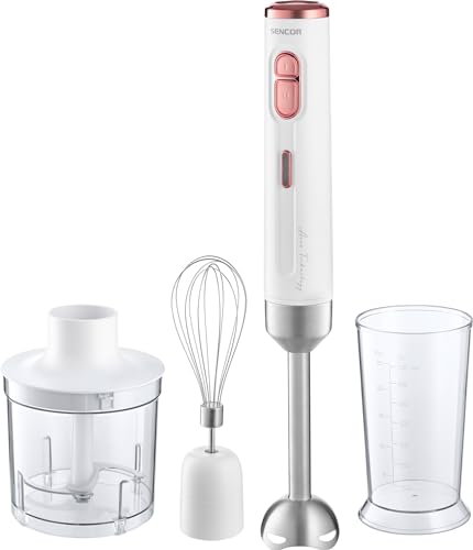 Sencor Minipimer inmersión inalámbrica SHB9000W, batidora 3 en 1, vaso de 700 ml, cuchillas de acero con superficie de titanio, picadora eléctrica de 500 ml, batidor eléctrico, carga con cable USB-C