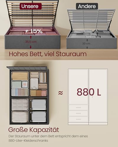 VASAGLE Bettgestell, Bettrahmen, Bett, 140 x 200 cm, klappbar Lattenrost, Unterbettaufbewahrung, Kopfteil, Hydrauliksystem, modern, einfache Montage, dunkelgrau RMB614G02