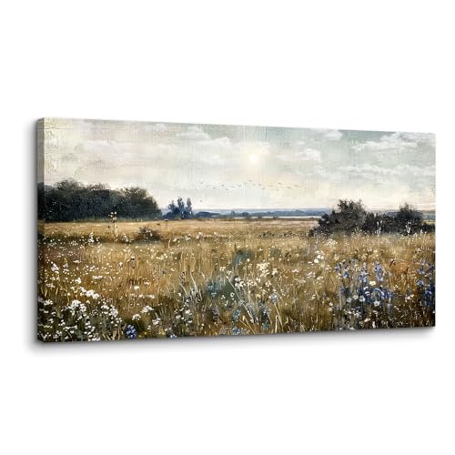 crmotu Landscape Wall Art, Nature Wall Decor, Oversized Wall Art, Wildflowers Field Canvas Art Prints, Vintage Rural Meadow Pictures Wall Decor Living Room Bedroom Dining Room Office Hallway 30"X60"