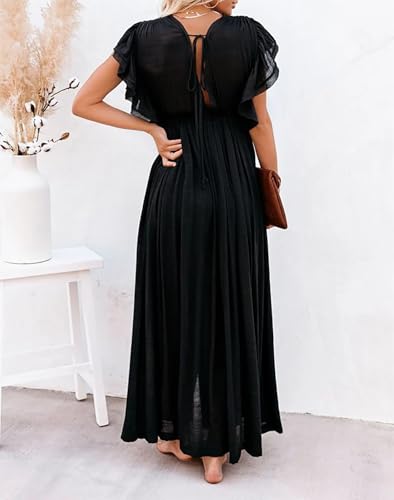 Image of R.Vivimos Maxi Dresses for Women 2026 Summer Short Sleeve V Neck Drawstring Tie Boho Loose Flowy Long Dresses with Pockets
