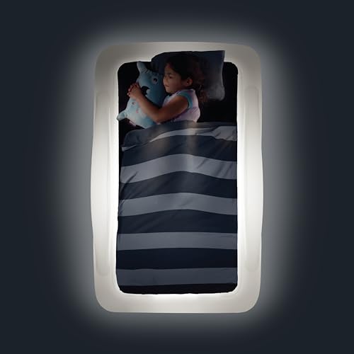 GLOWBED Inflatable Toddler Travel Bed with Safety Bumpers | Built-in LED Lights for The Bedroom Color Changing Strip | Portable Bed for Kids | Air Mattress with LED Lights | Halo of Light