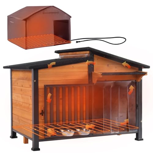 GUTINNEEN Heated Dog House Outdoor Dog Kennel with Safe Heated Pad, Chew-Proof Metal Frame and Rotating Food Bowl for Small to Medium Dogs, 39.7"x25.5"x32.2" (Dark Brown)