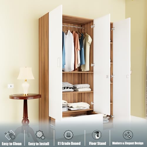 Image of VIKI Wardrobe |Wooden Almirah for 3 Door Wardrobe with 1 Drawer & Hanging Space (Walnut |White - 40D x 120W x 180.8H) | 1 Year Warranty | Free Assembly
