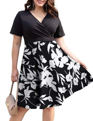 Image of Ahlaray Plus Size Faux Wrap Dress for Curvy Women with Pockets | Flattering faux wrap V-neck with soft stretch fabric and pockets for work, weddings and everyday comfort.