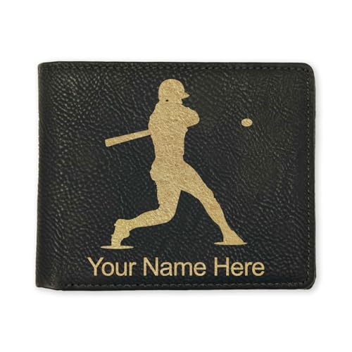 LaserGram Faux Leather Bi-Fold Wallet, Baseball Player 3, Personalized Engraving Included (Black with Gold)