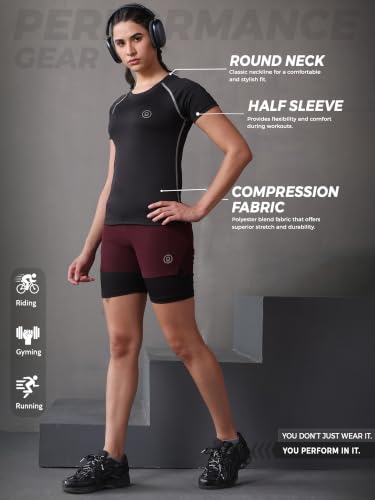 Image of CHKOKKO Women's Compression Gym T-Shirt for Running, Workout, Training, Sports & Activewear | Quick Dry Breathable Stretch Fabric | Body Fit Half Sleeve Athletic Sports Tee for Women