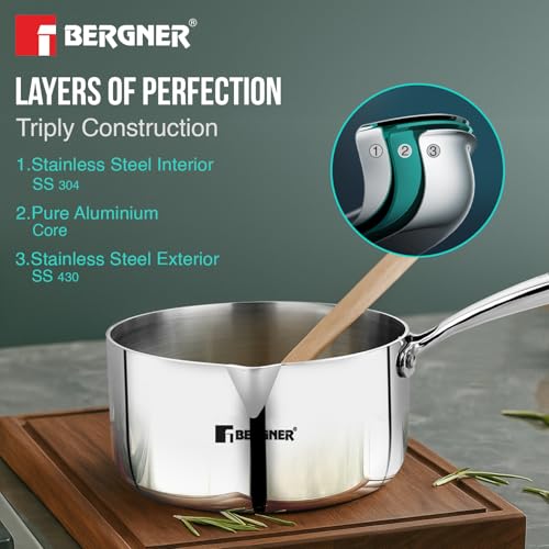 Image of Bergner Argent 14cm Triply Milkpan /Saucepan /Small Teapan, Stay Cool Cast Handle, Food Safe, Durable, Healthy Cooking, Faster and Even Heat Distribution - Induction and Gas Stove Ready