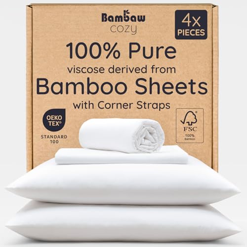 Bambaw 100% Viscose Derived from Bamboo Sheets Queen Size Deep Pocket Set – 4pcs Hotel Luxury Bed Sheets Set, Fits Up to 16'' with Elastic Corner Straps, Ultra Soft Cooling Sheets Queen Size (White)