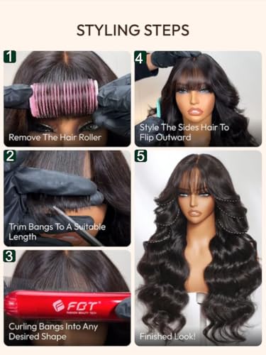 Image of KLAIYI Pre Everything Glueless 13x4 Lace Front Wigs Human Hair Loose Body Wave Bye Bye Knots Pre Cut Lace Pre Bleached Pre Plucked 30S Ready to Wear And Go Frontal Wig with Natural Curtain Bang 22Inch