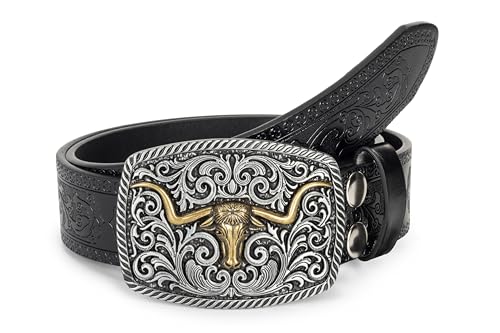 Image of Western-Cowboy-Leather-Belts for Women Turquoise-Oval-Buckle Embossed Belt