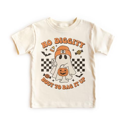 Kids Funny Trick Or Treat Shirt - Cute Vintage Retro Ghost Bout To Bag It Up Candy Halloween Outfit - Natural Boys & Girls Toddler, Youth Clothing
